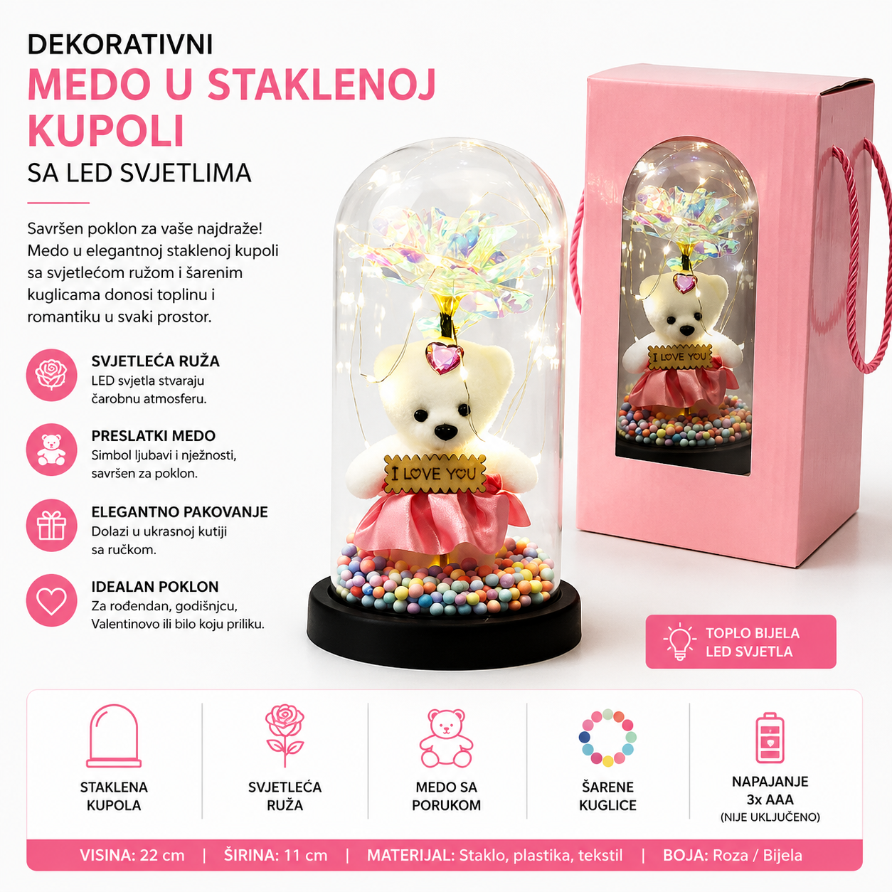 LED RUŽA SA MEDOM U STAKLU