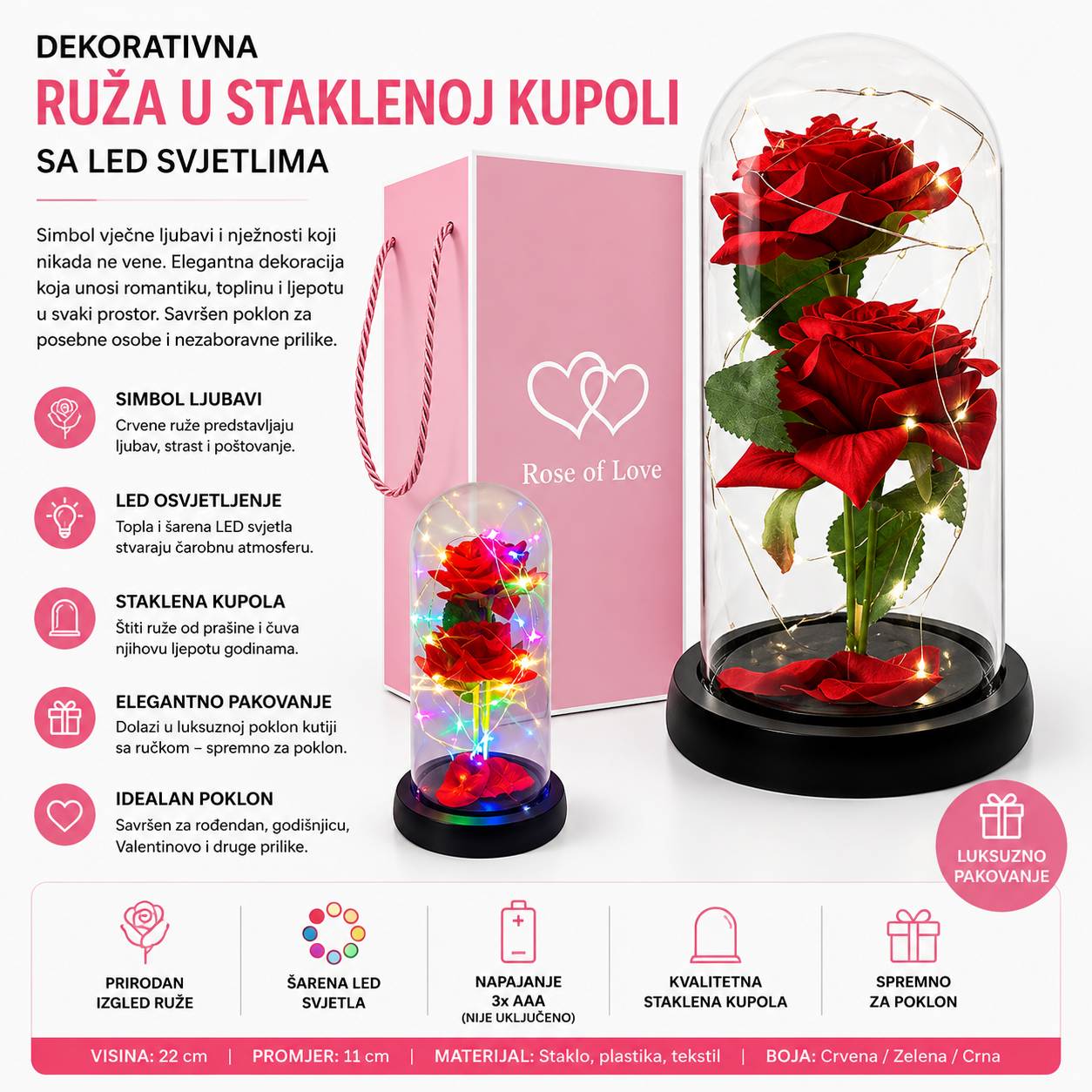 LED RUŽA U STAKLU 4