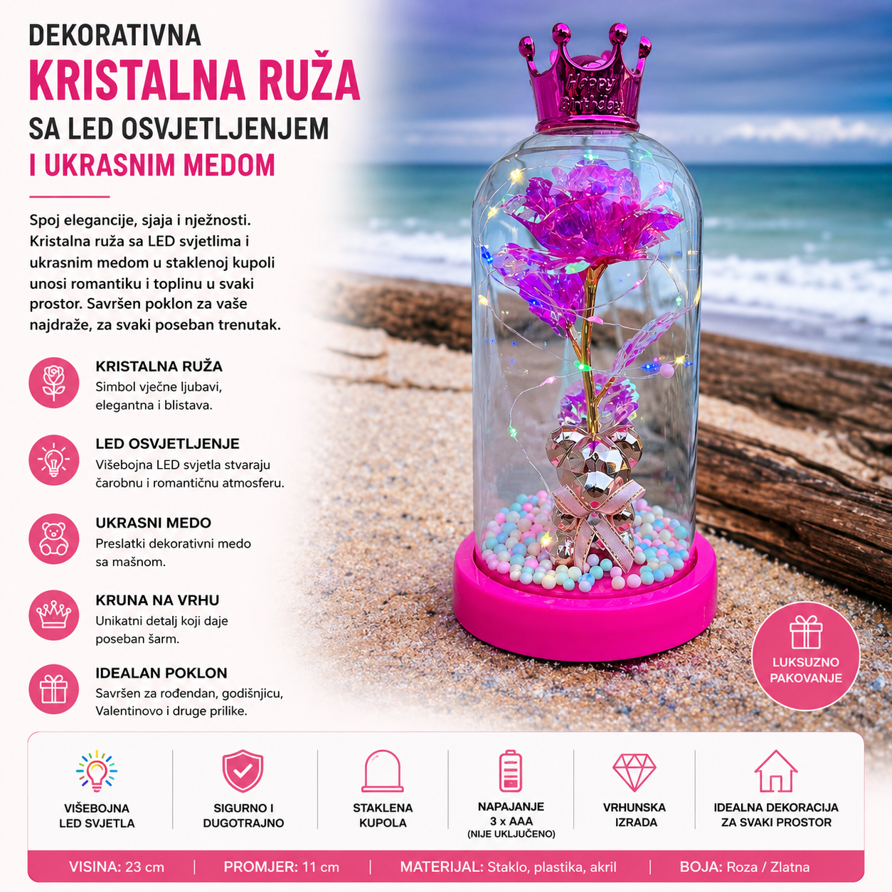 LED RUŽA U STAKLU KRUNA