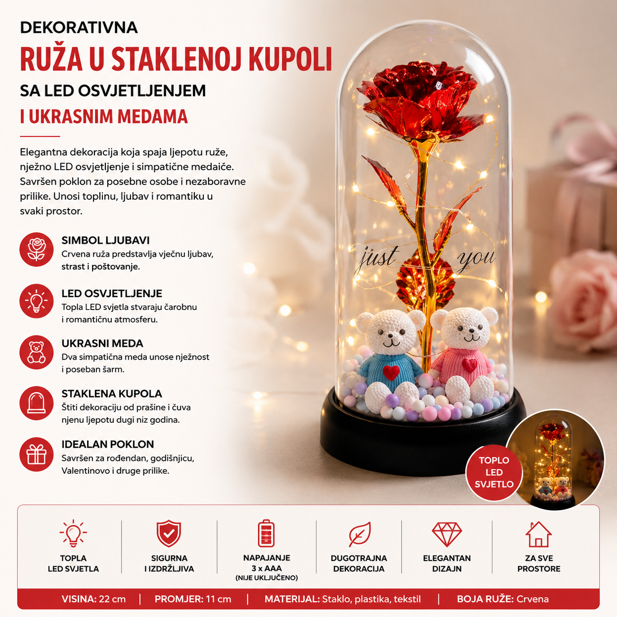 LED RUŽA U STAKLU MEDO