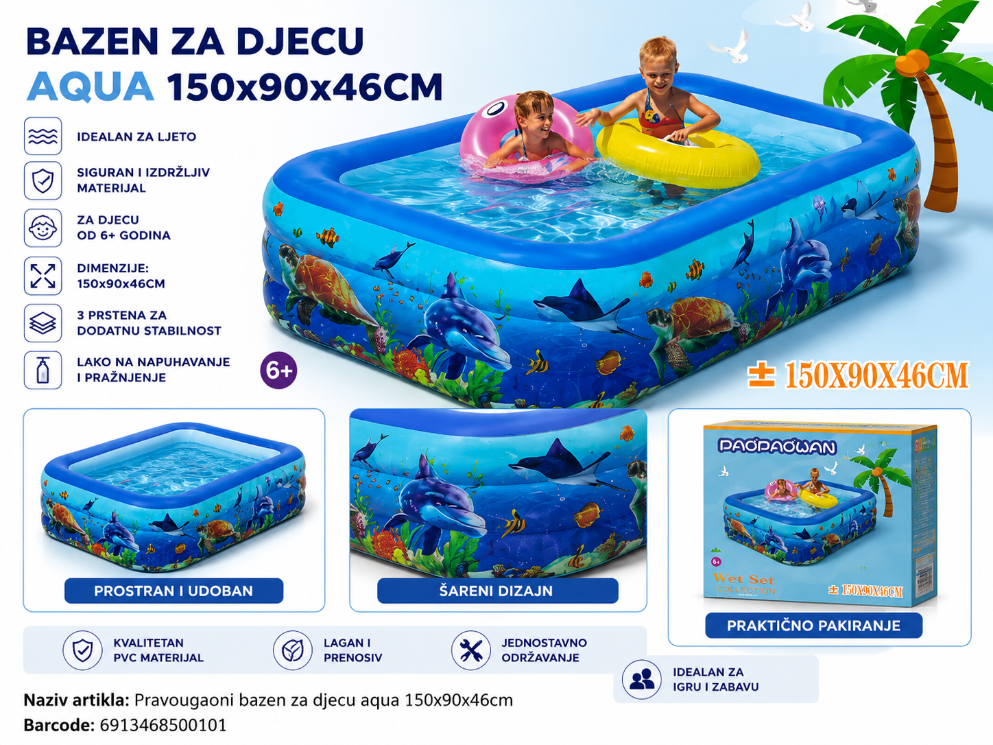 PRAVOUGAONI BAZEN ZA DJECU AQUA 150CM