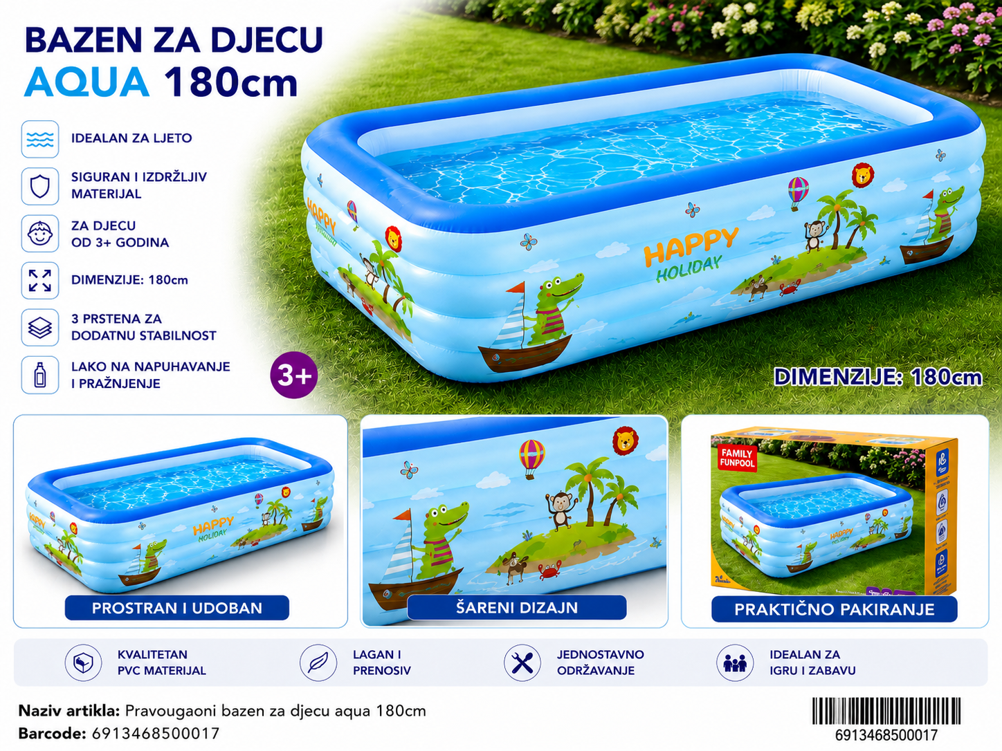 PRAVOUGAONI BAZEN ZA DJECU AQUA 180CM