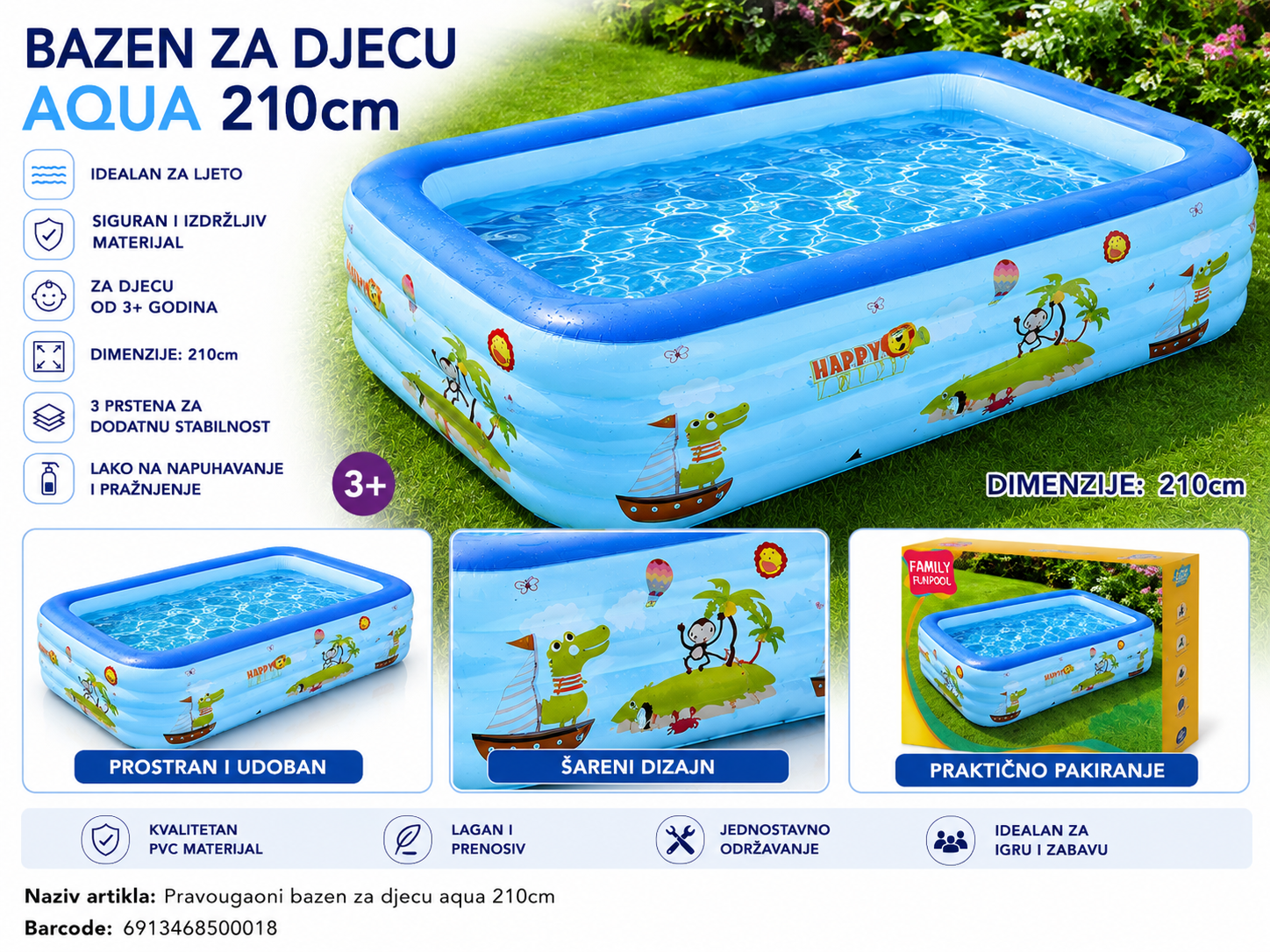 PRAVOUGAONI BAZEN ZA DJECU AQUA 210CM
