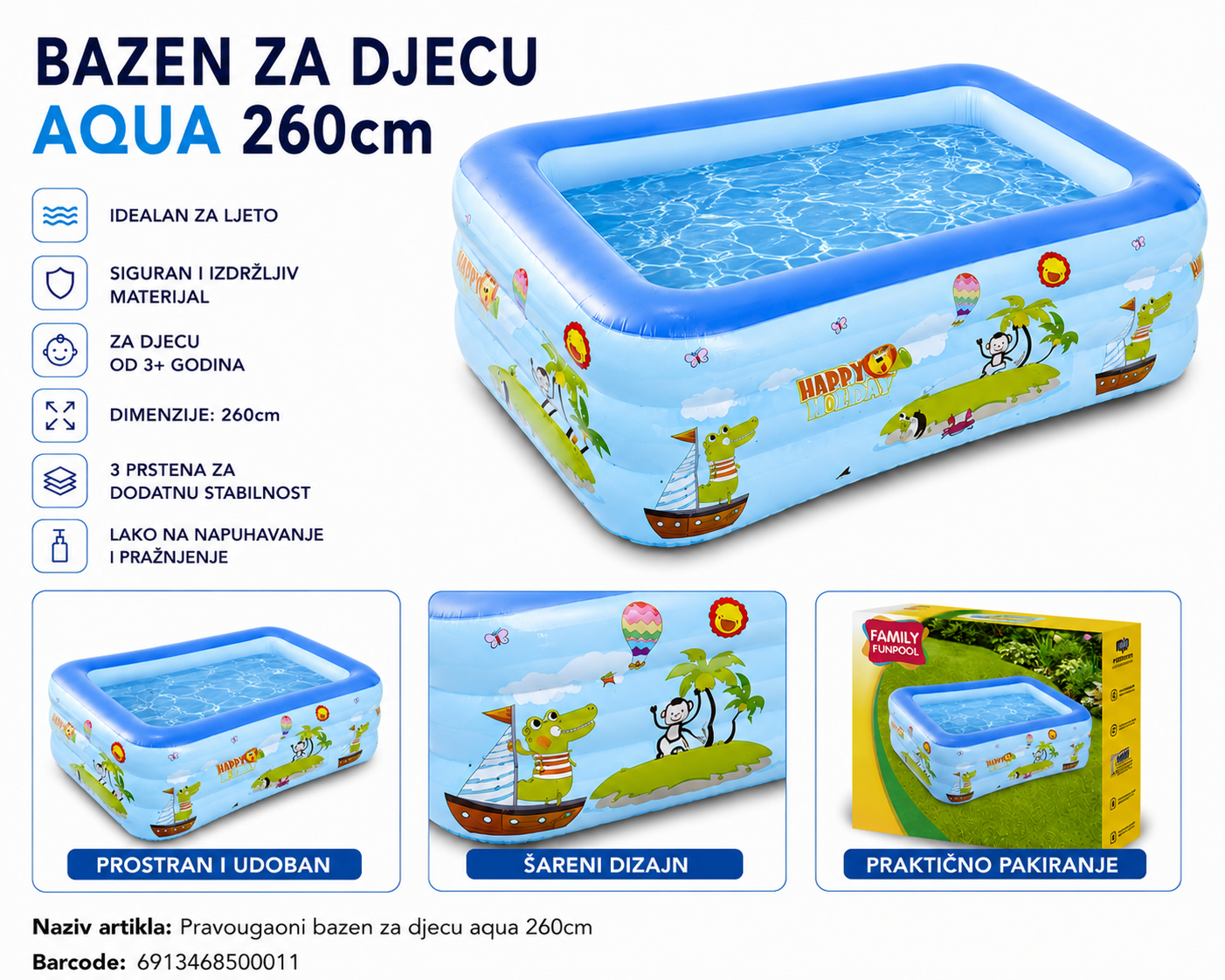 PRAVOUGAONI BAZEN ZA DJECU AQUA 260CM
