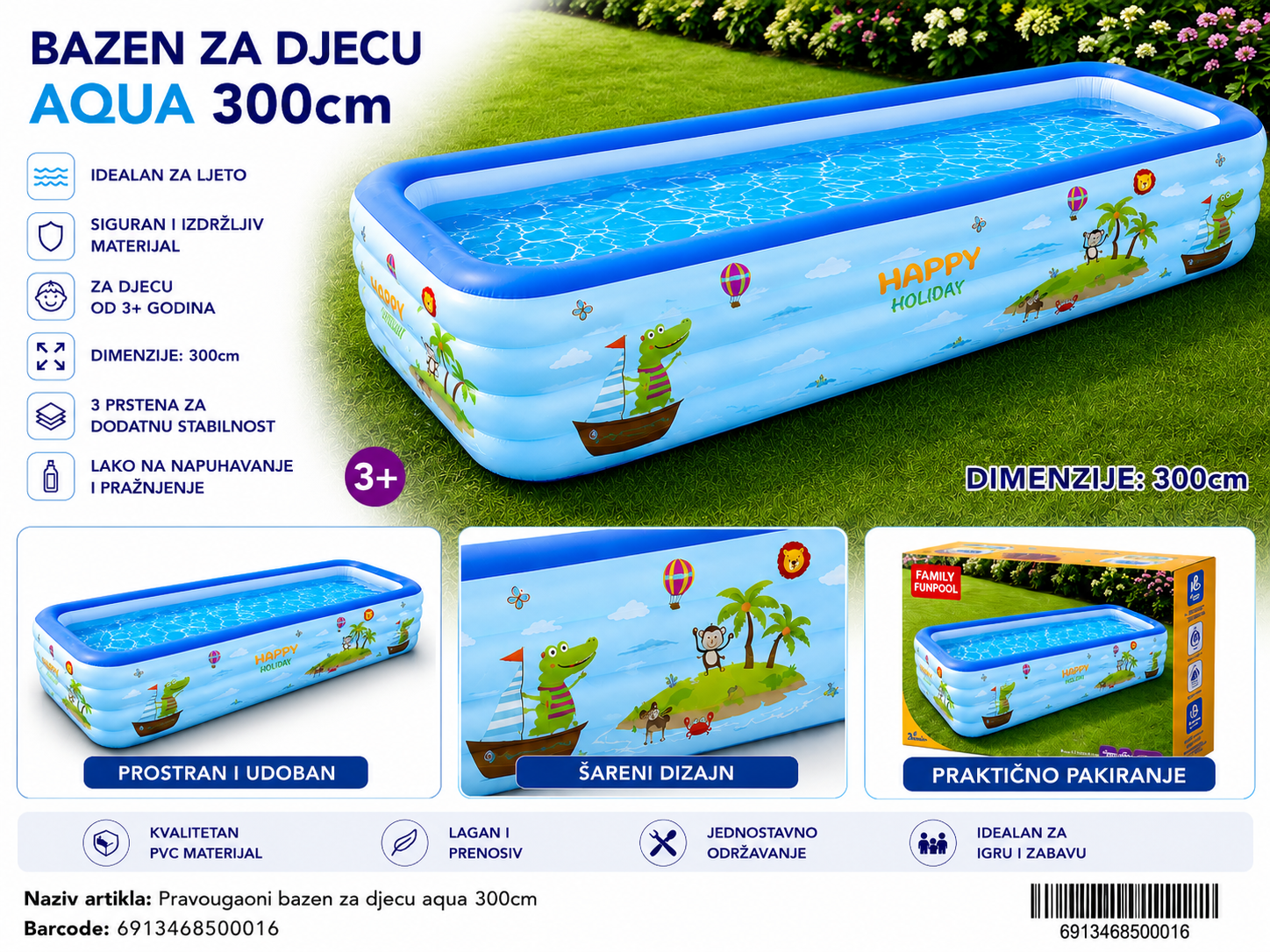PRAVOUGAONI BAZEN ZA DJECU AQUA 300CM