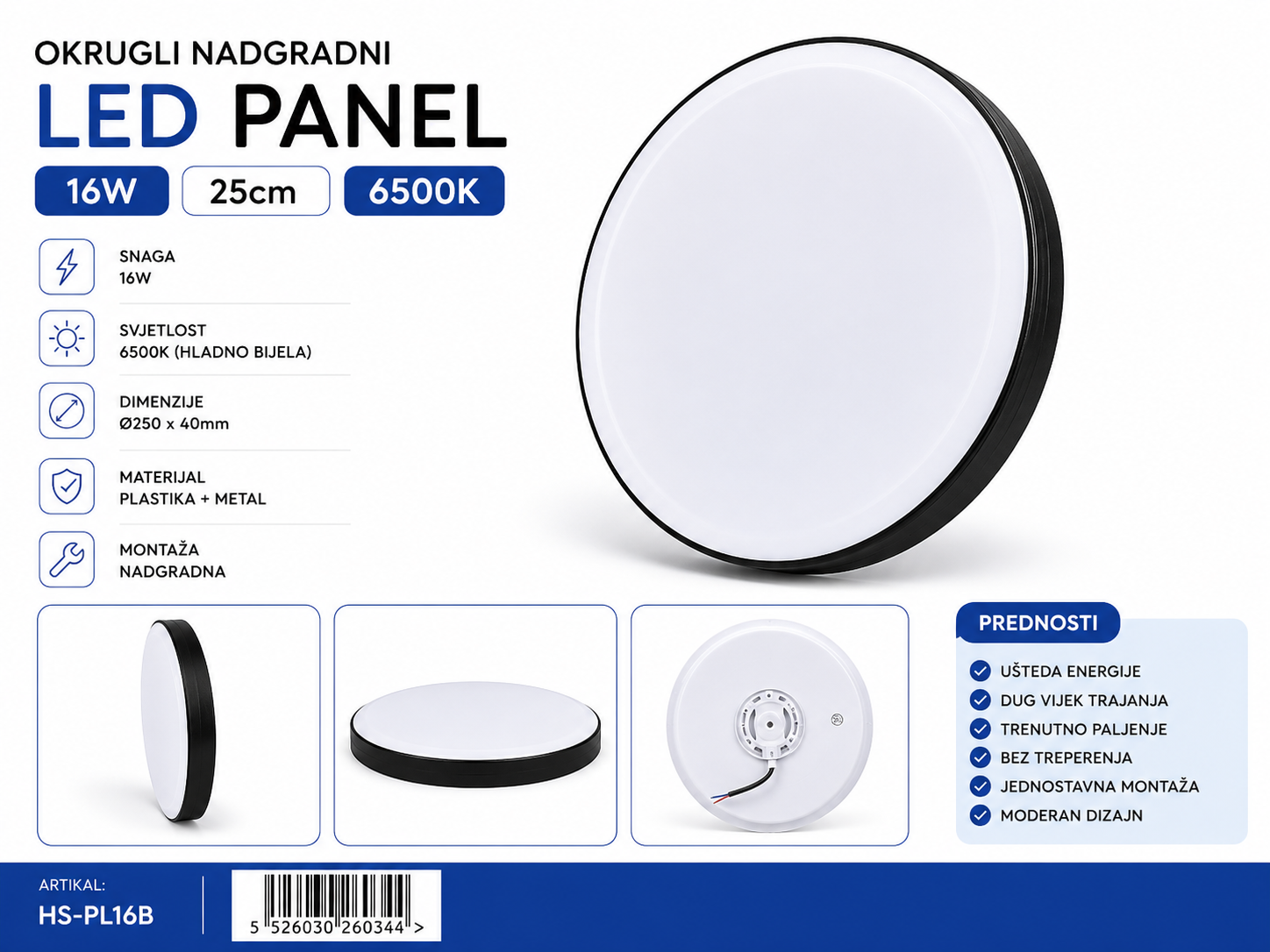 OKRUGLI NADGRADNI PANEL CRNI 16W 25CM