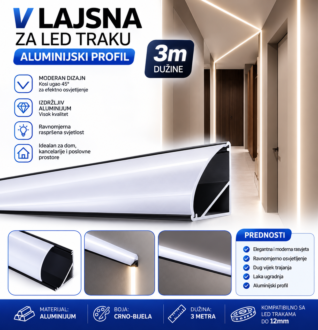 ALU LED LAJSNA V-KUTNA 16x16MM CRNA 3M