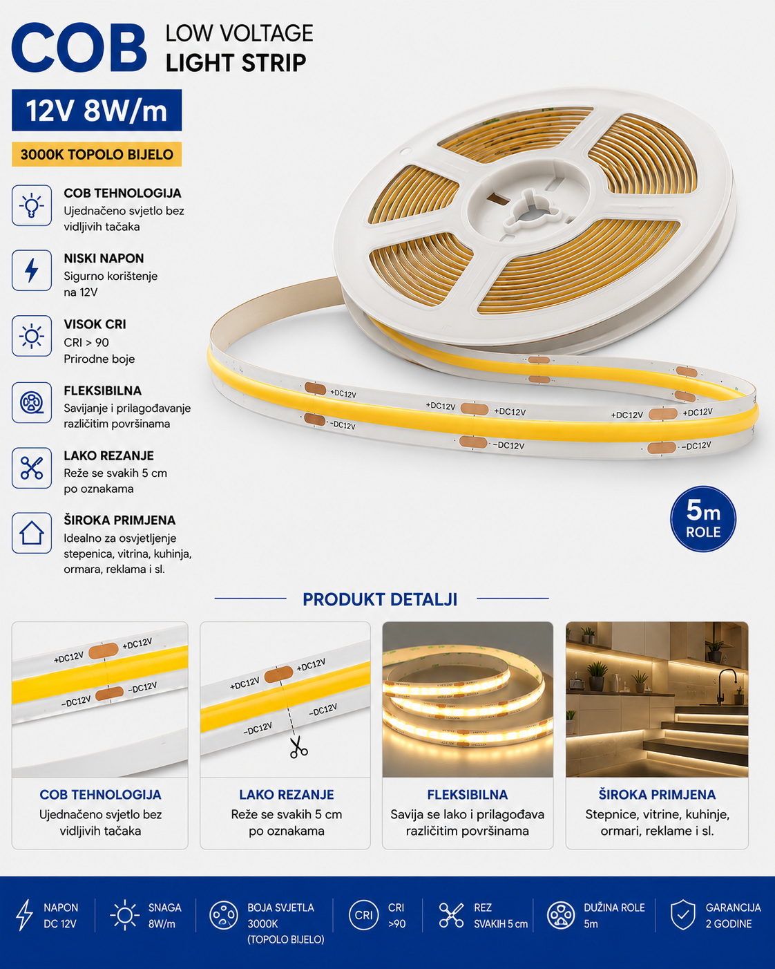 LED TRAKA TOPLO BIJELA LINIJSKA 3000K 12V 8MM 5M