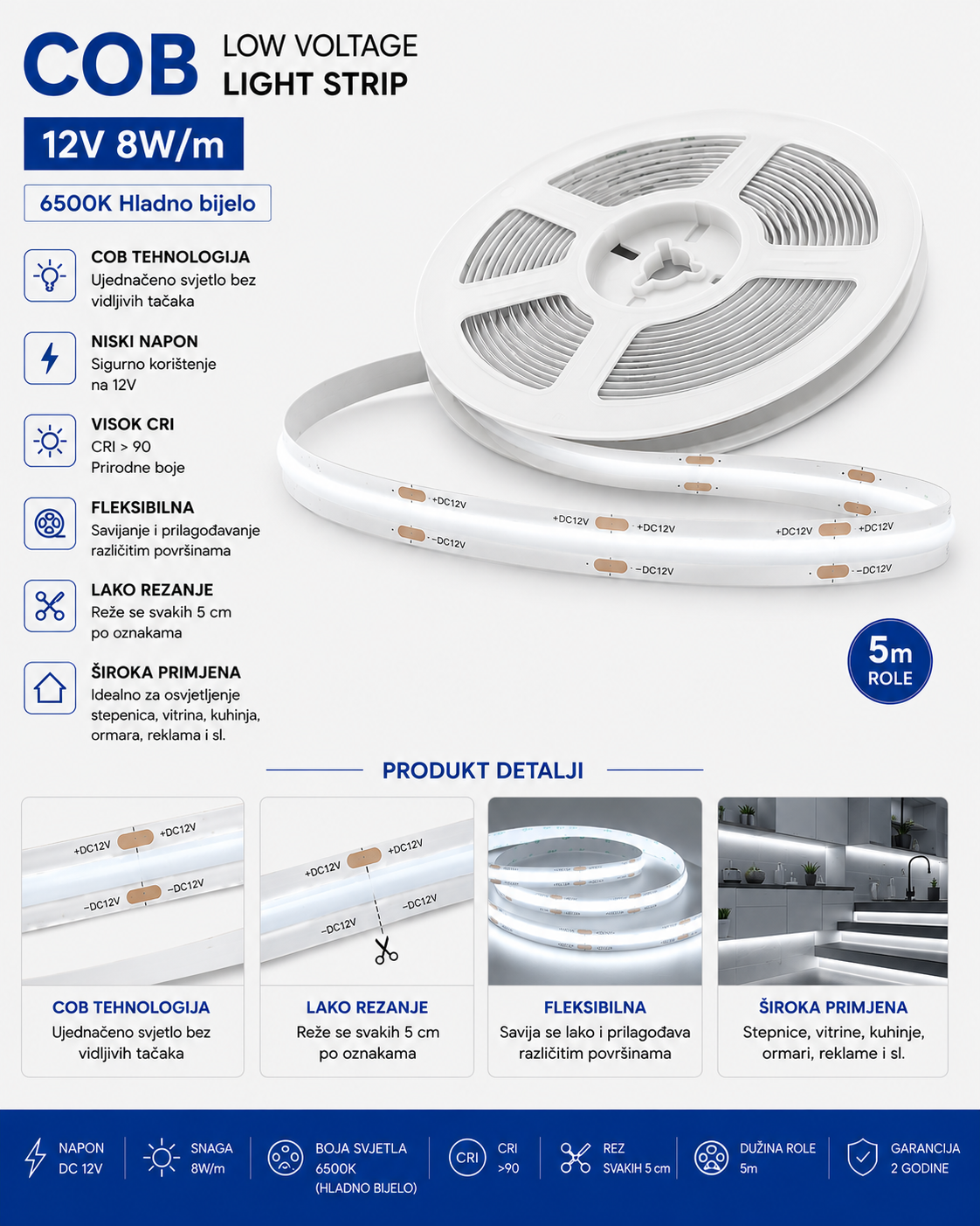 LED TRAKA BIJELA LINIJSKA 6500K 12V 8MM 5M
