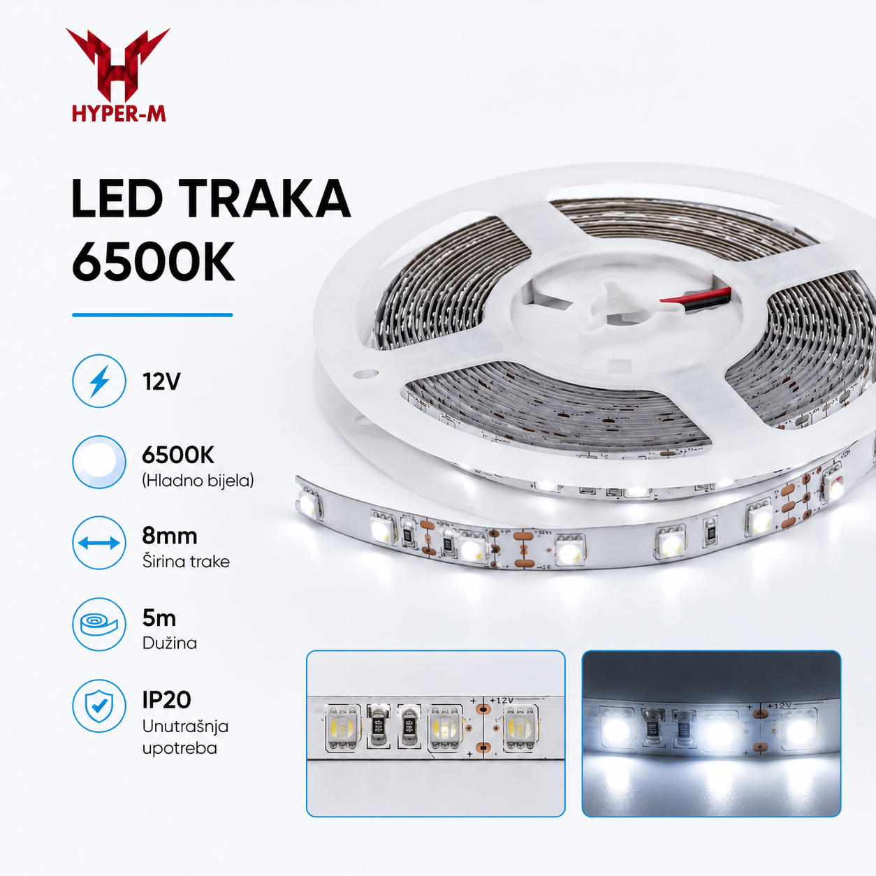 LED TRAKA BIJELA 6500K 12V 8MM 5M