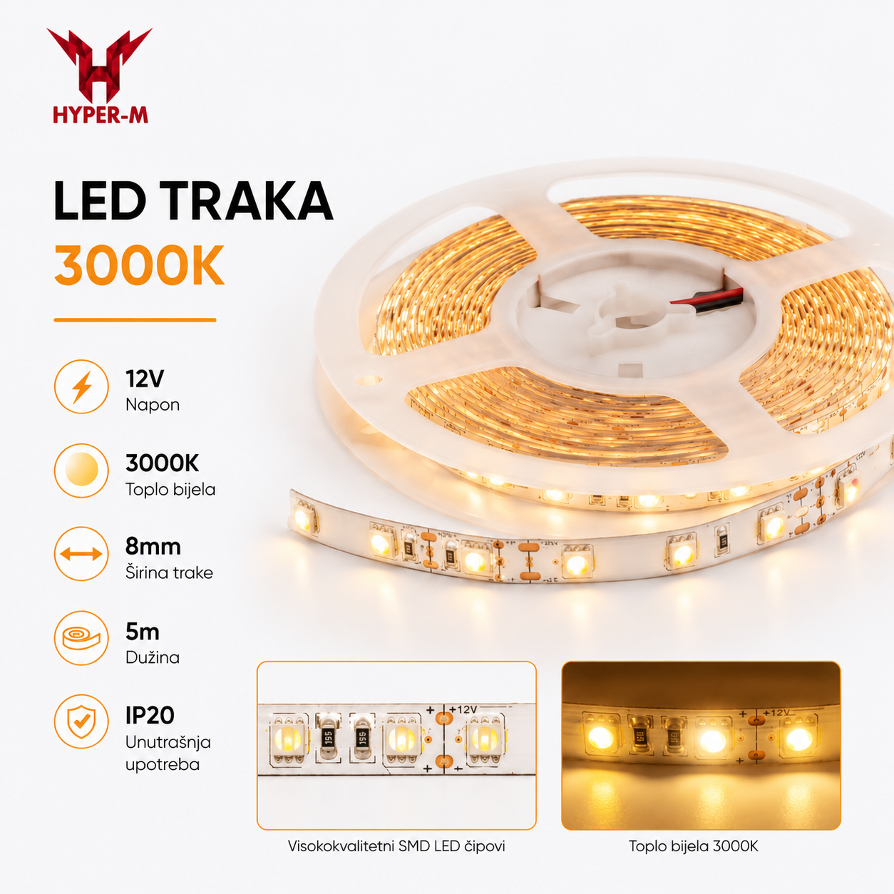 LED TRAKA TOPLO BIJELA 3000K 12V 8MM 5M