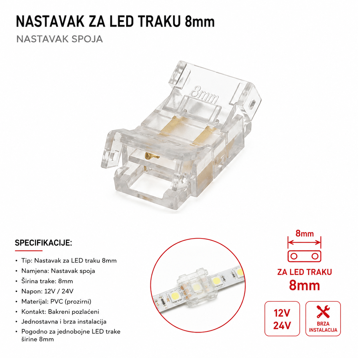 Ravni konektor za LED traku 8mm