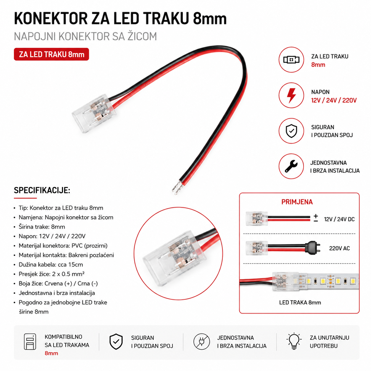LED KONEKTOR SA JEDNIM KABLOM ZA LED TRAKU 8mm