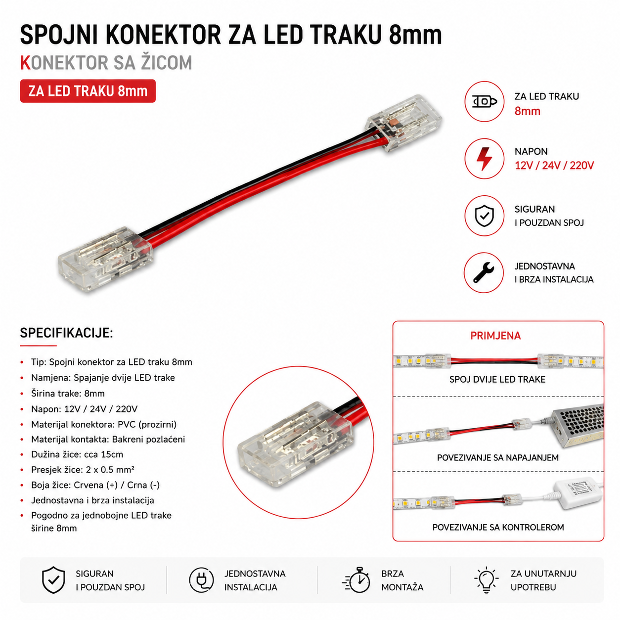 LED KONEKTOR SA DVOSTRUKIM KABLOM 8mm