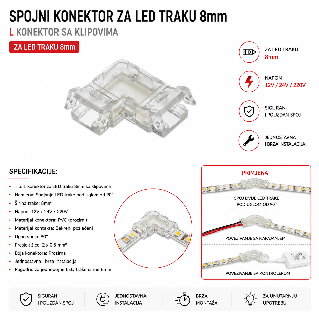L KONEKTOR ZA LED TRAKU 8MM UGAONI 90°