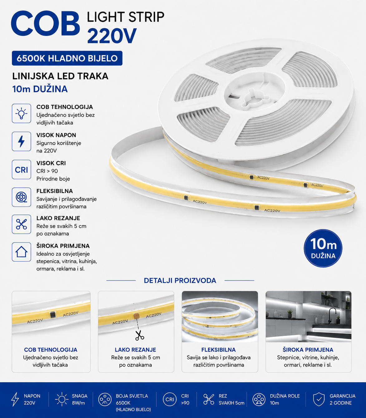 LED TRAKA BIJELA 6500K 220V SAMOLJEPLJIVA 8MM 10M