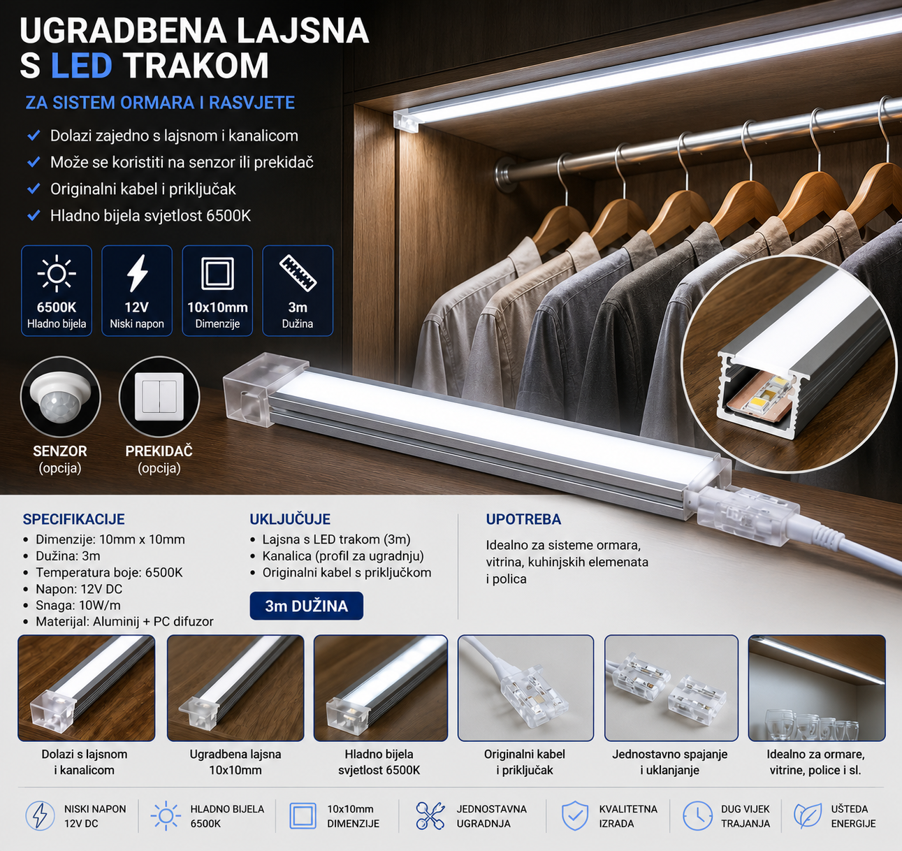 ALU LAJSNA SA LED TRAKOM BIJELA 6500K 3M