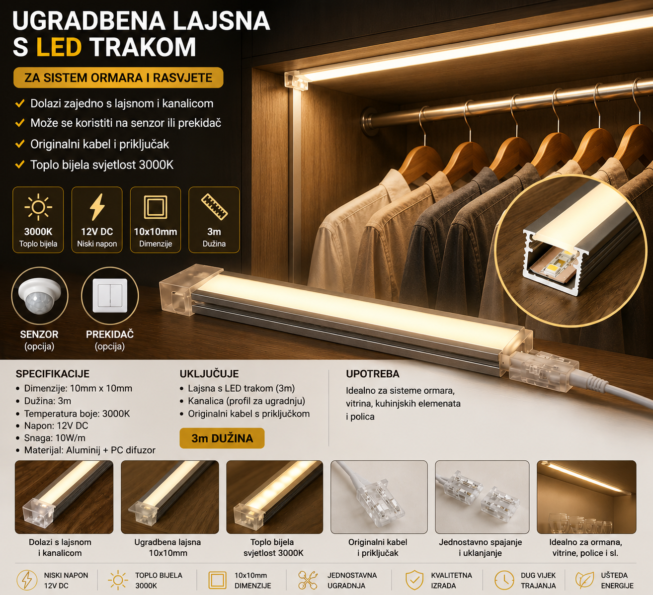 ALU LAJSNA SA LED TRAKOM TOPLO BIJELA 3000K 3M