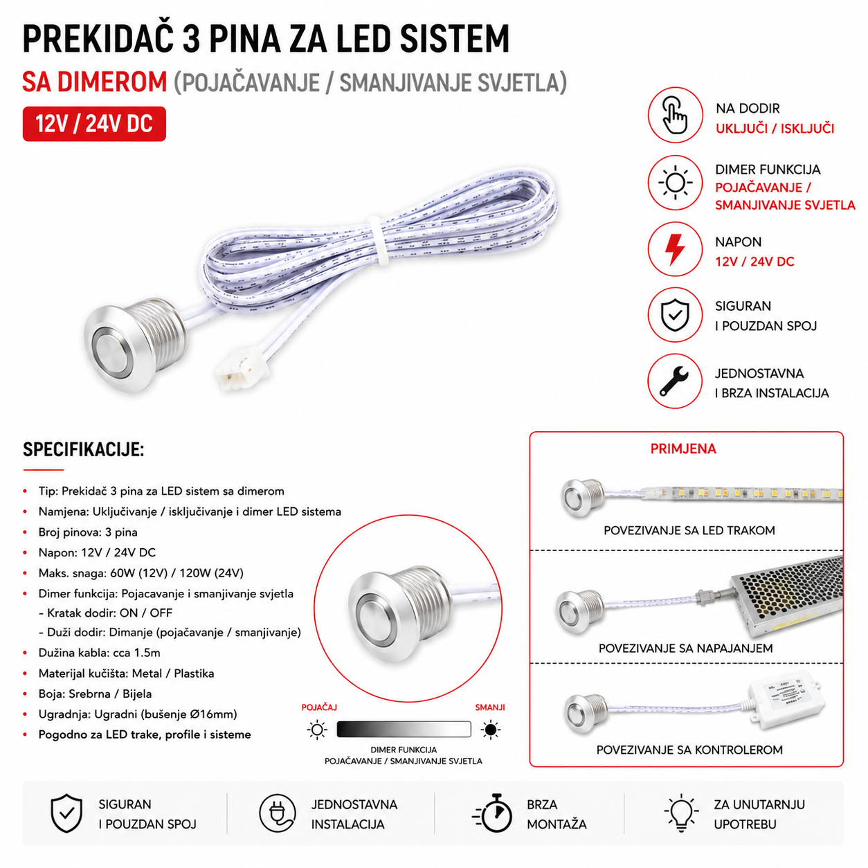 PREKIDAC NA DODIR SA 3 PINA 12/24V